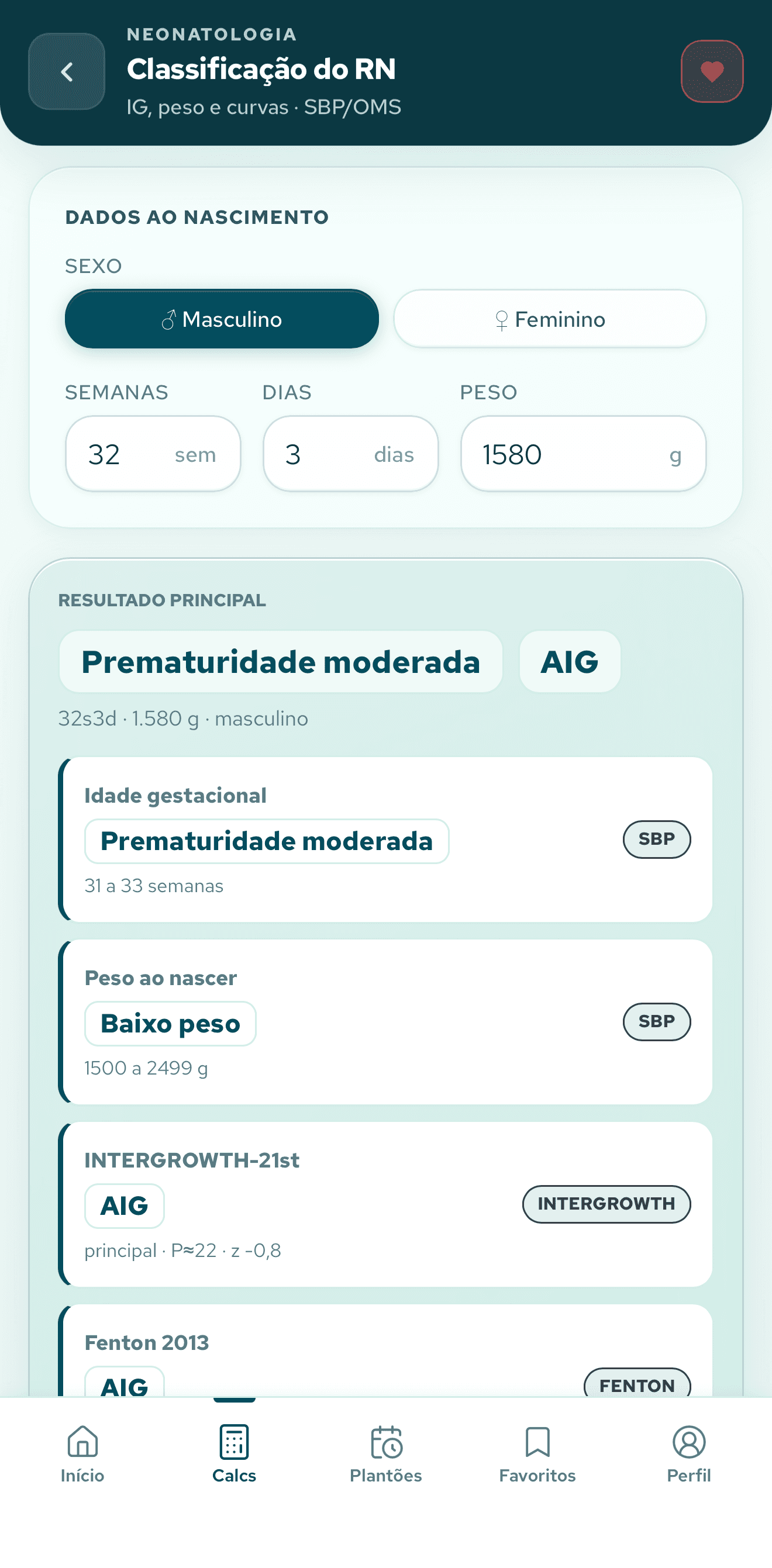 Tela de Classificação do recém-nascido por idade gestacional e peso ao nascer