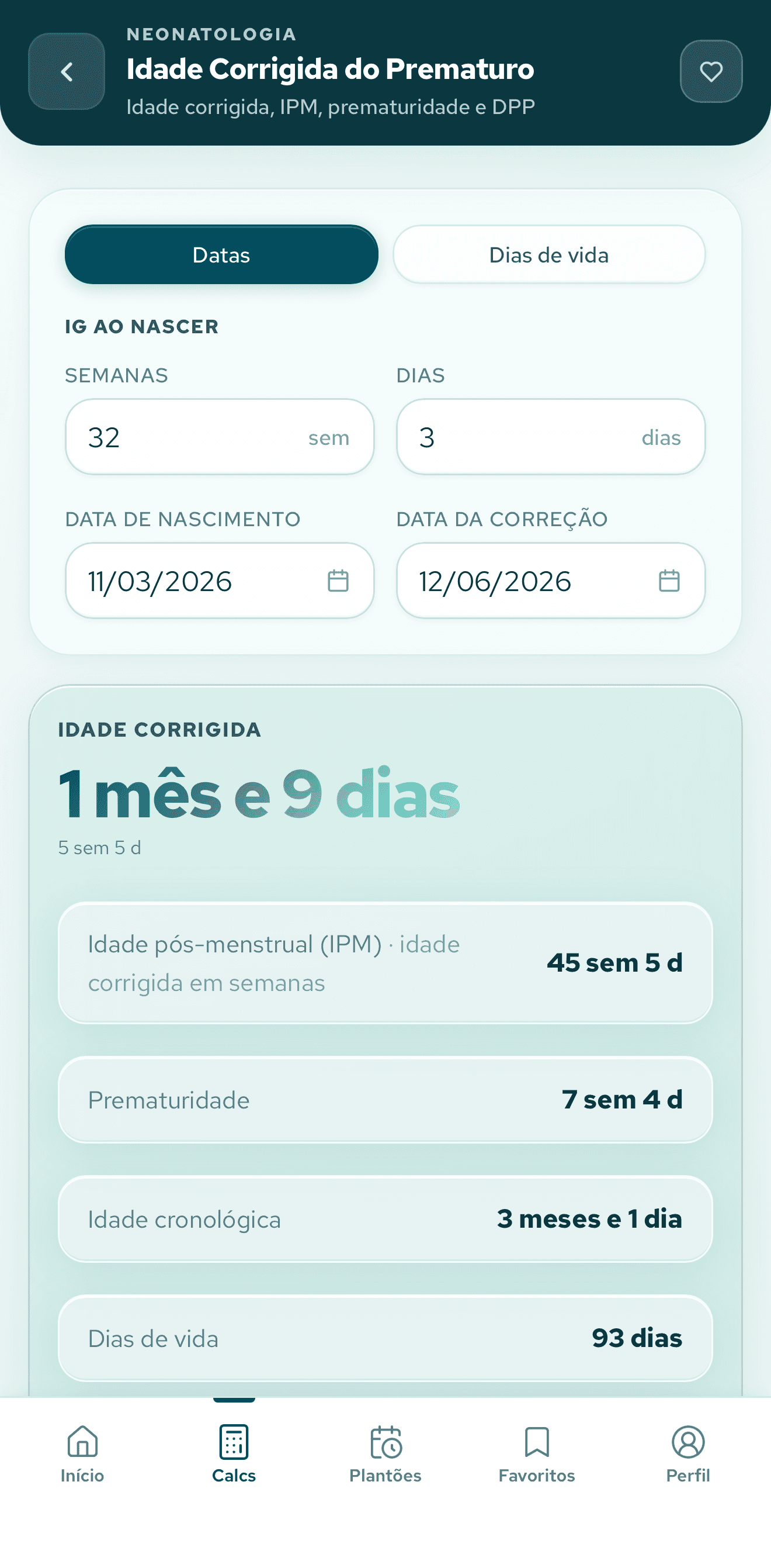 Tela de Idade Corrigida do prematuro